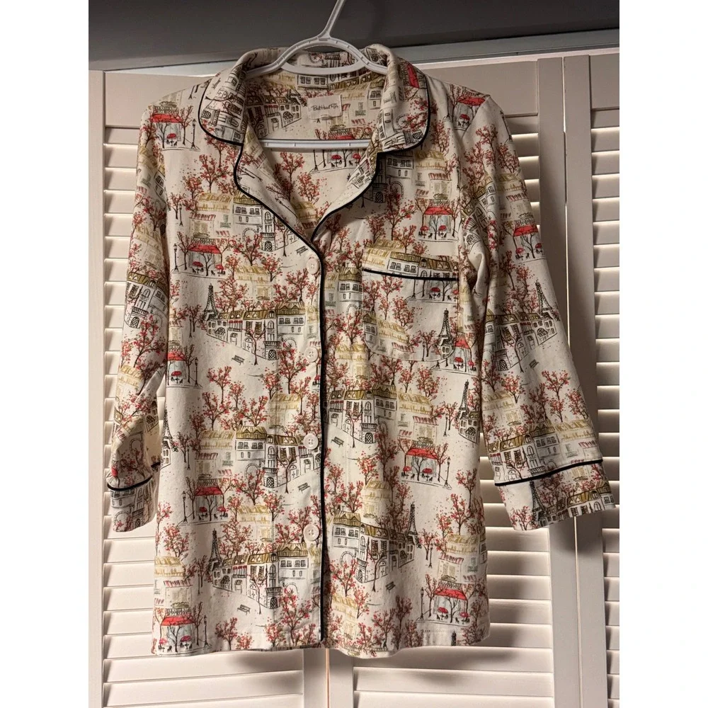 BedHead PJs Paris Print Organic Cotton Button Down Pajama Top Cream Small Cozy